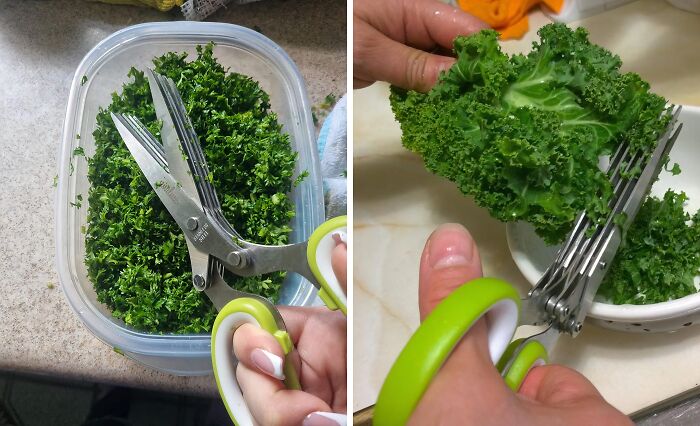 Multi-blade herb scissors cutting fresh parsley and kale, demonstrating innovative kitchen tools for efficient food prep.