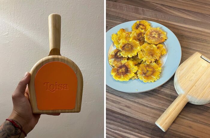 Wooden kitchen tool with an orange edge for making crispy tostones, shown with a plate of fried plantains on a wooden surface.