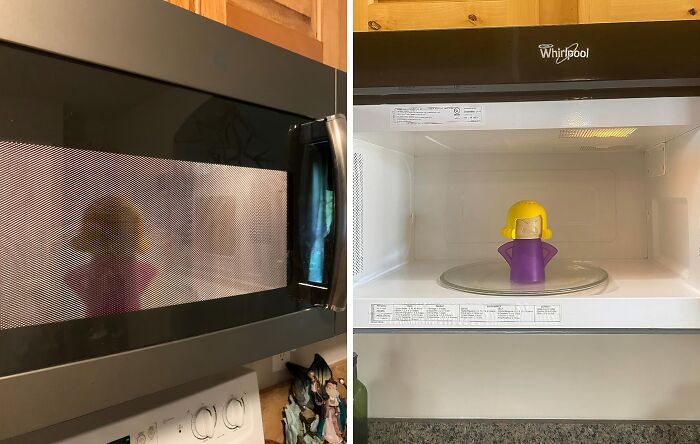 Colorful kitchen tool with a yellow-haired figure inside a microwave, showcasing crazy kitchen logic and innovative cooking tools.