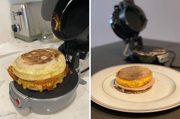 Compact sandwich maker with melted cheese in use, showcasing unique kitchen logic tools for creative cooking ideas.
