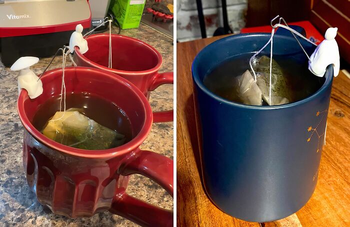 Creative kitchen tools holding tea bags in mugs, showcasing clever and crazy kitchen logic gadgets.