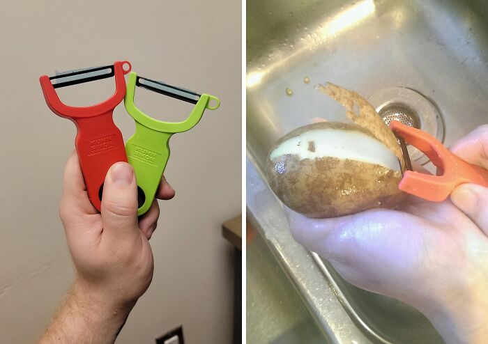 Hand holding colorful kitchen peelers and peeling a potato over a sink showcasing innovative kitchen tools.
