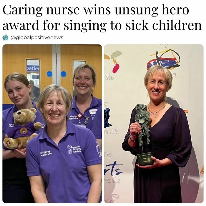 Caring nurse receives award for singing to sick children, highlighting global positive news and restoring faith in humanity.