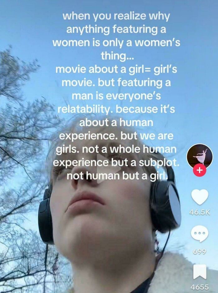 Person wearing headphones with text discussing societal views on women's representation in media; critiques misogynist perspectives.