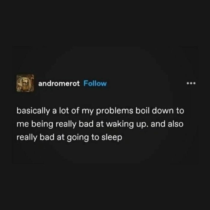Relatable meme about struggling with waking up and going to sleep.