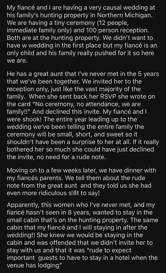 Wedding Guest I’ve Never Met, Insulted We Won’t Let Her Stay In The "Honey Moon Suite" With Us (The Bride And Groom)