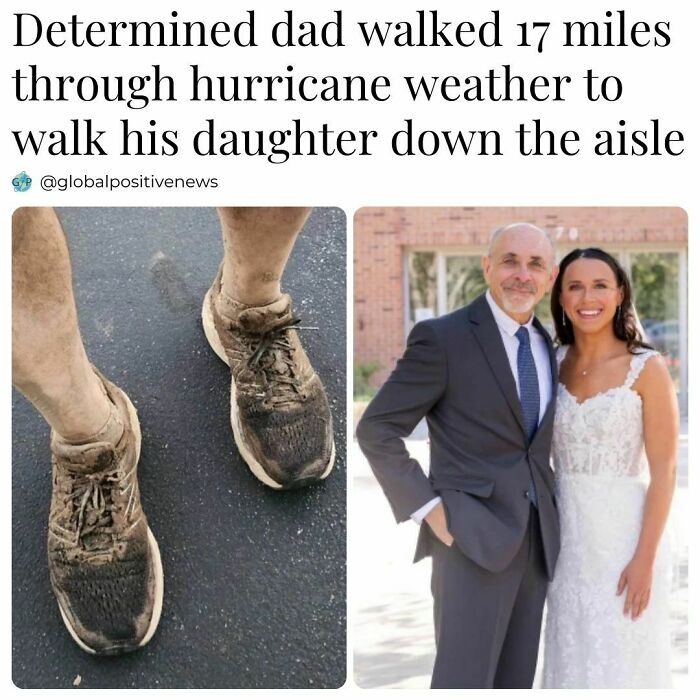Father in muddy shoes beside a joyful bride, showcasing a heartwarming moment of faith in humanity.