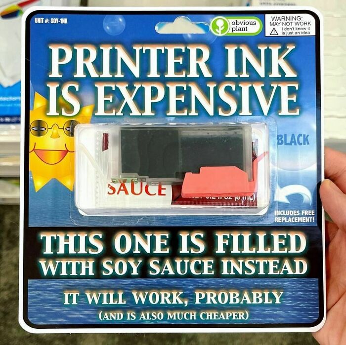 Packaging of a fake printer ink cartridge filled with soy sauce, part of guy sneaking fake products into real stores.