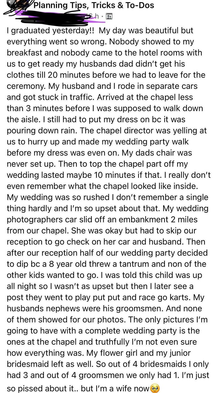Not Shaming The Bride But She Had Such Terrible Luck On Her Special Day And Her Bridal Party, Chapel Director And Guests Were Awful
