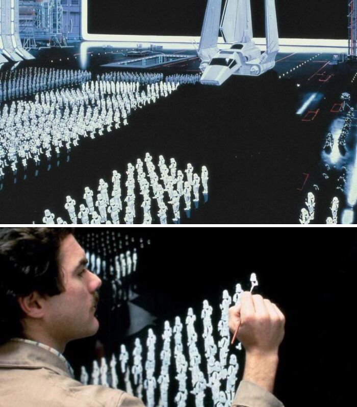 La trilogía original de Star Wars utilizaba magistralmente pinturas mate para crear mundos inmensos y detallados, sumergiendo al público en entornos realistas mucho antes que los efectos digitales.