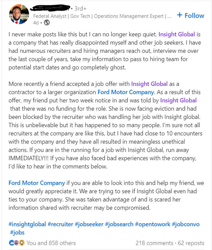 LinkedIn post discussing negative experiences with recruiters, highlighting job search challenges using the hashtag "recruiting hell."
