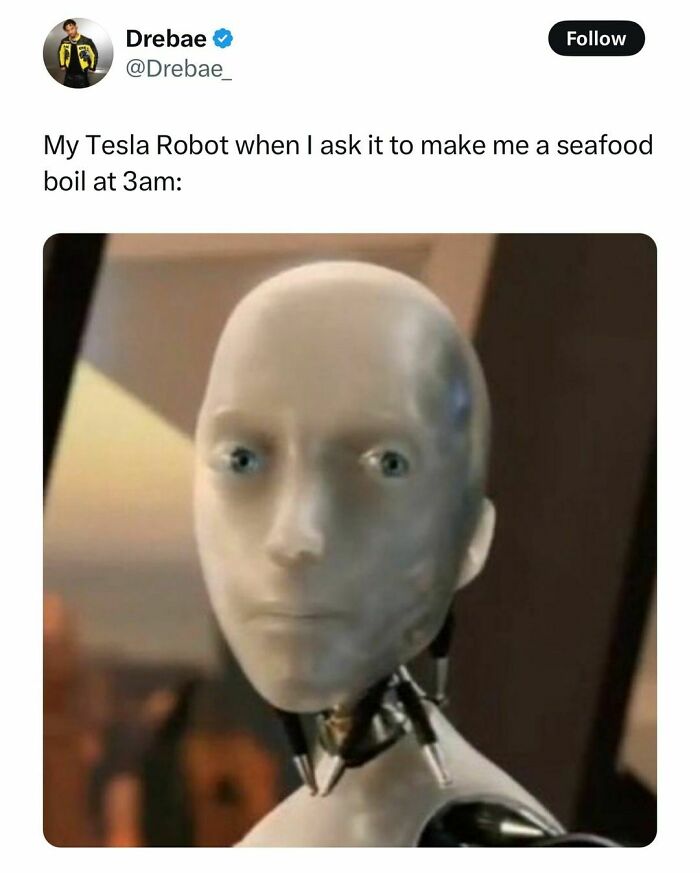Robot with blank expression reacting to a 3am seafood boil request in a hilariously random post.
