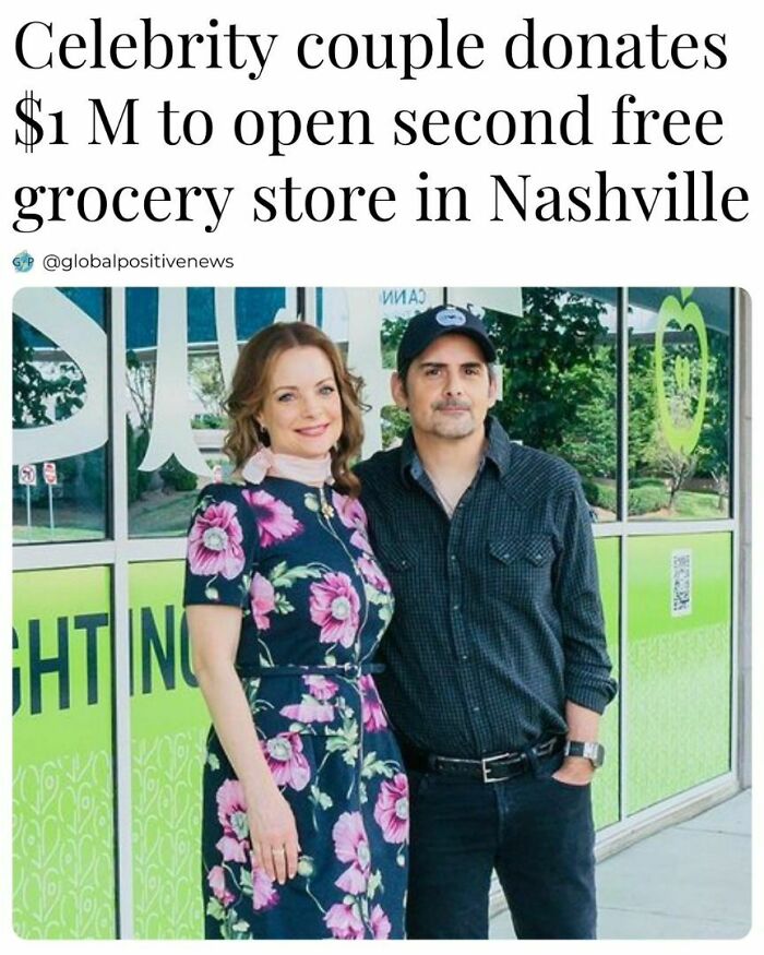 Celebrity couple donates $1M for second free grocery store, spreading global positive news in Nashville.