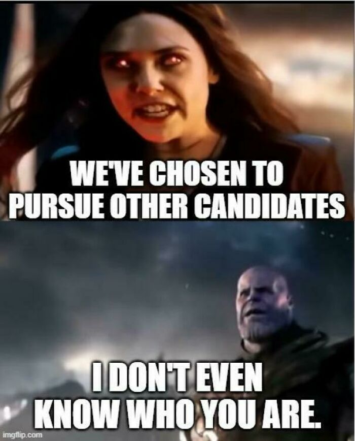 Characters in a meme about job rejections illustrate a "recruiting hell" experience with humorous text exchange.