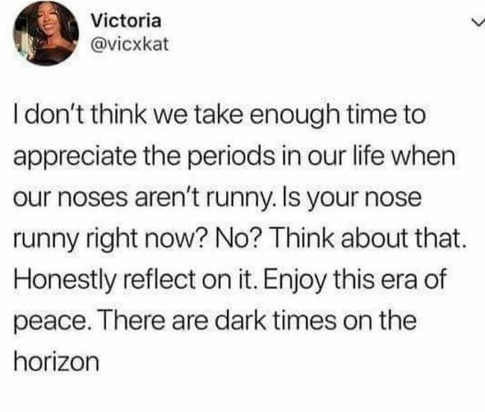Screenshot of a hilarious tweet reflecting on appreciating periods when noses aren't runny, shared on an IG page.
