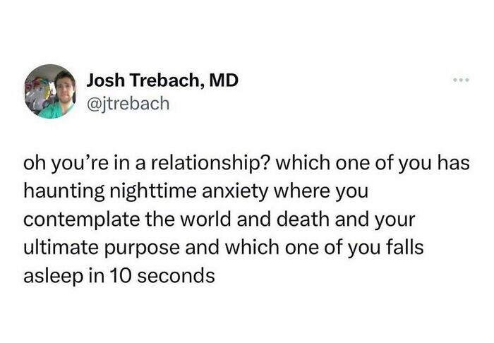 Hilarious tweet about relationship dynamics and nighttime anxiety, shared on a popular IG page for funny tweets.