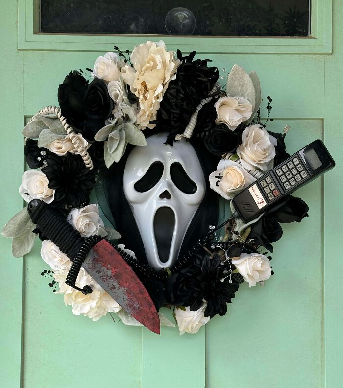 Completed My Newest Halloween Wreath. I Made A Pink And Purple Scream Wreath Last Year. I Wanted Something With Black And White This Year