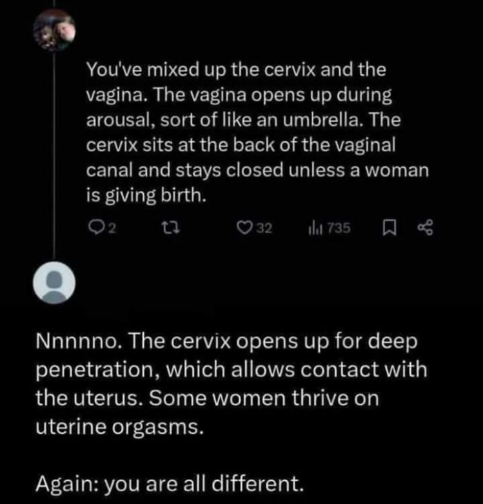 Misogynists corrected on anatomy; comment refutes misconception about cervix and v****a functions.