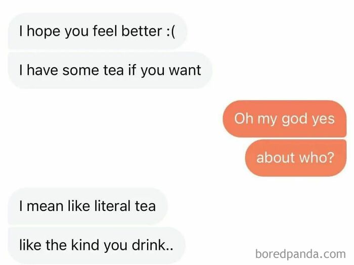 Text message conversation showing relatable memes about misunderstanding "tea" as gossip instead of a drink.
