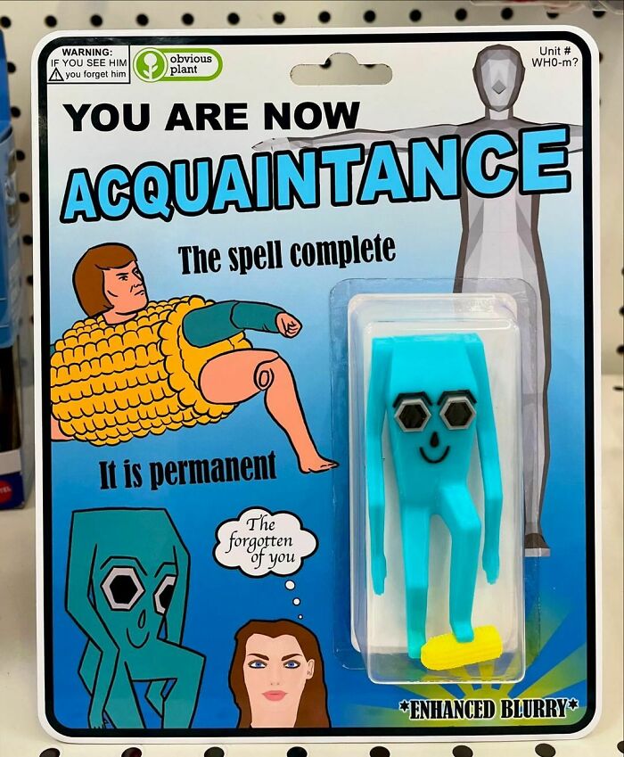 Package of fake novelty toy called Acquaintance with quirky cartoon art, part of a guy sneaking fake products into real stores series.