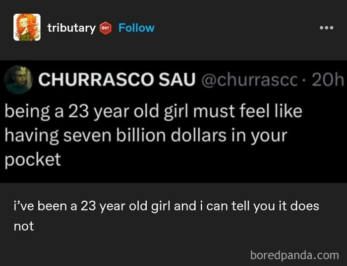 Twitter post with a clueless misogynist comment about being a 23-year-old girl, followed by a witty response.