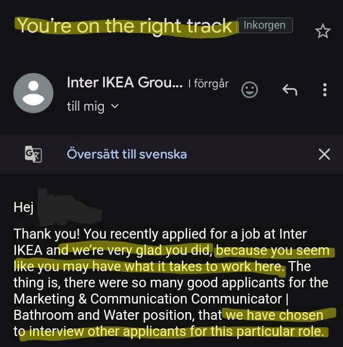 Email rejection letter highlighting a competitive job application process and encouraging the applicant.