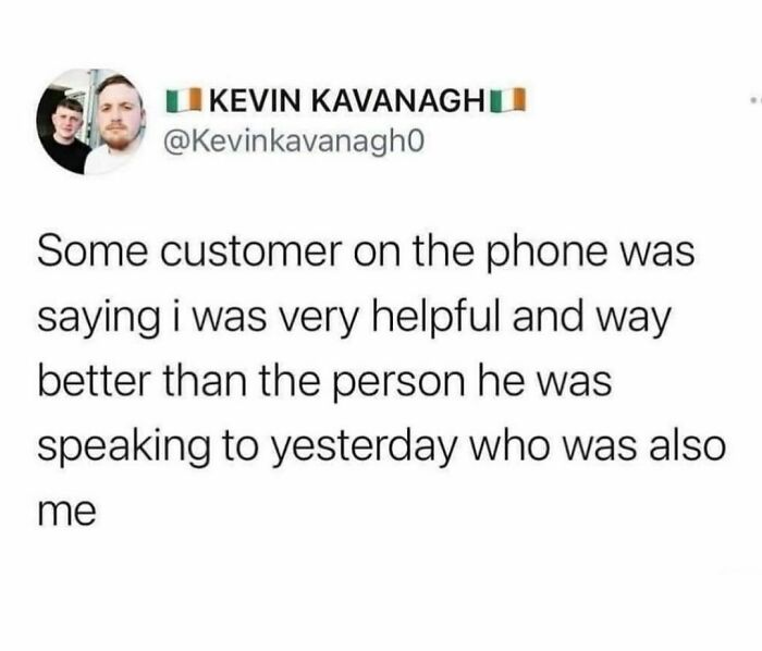 Screenshot of a hilarious tweet about a customer praising the same helpful person twice, shared on a popular IG page.