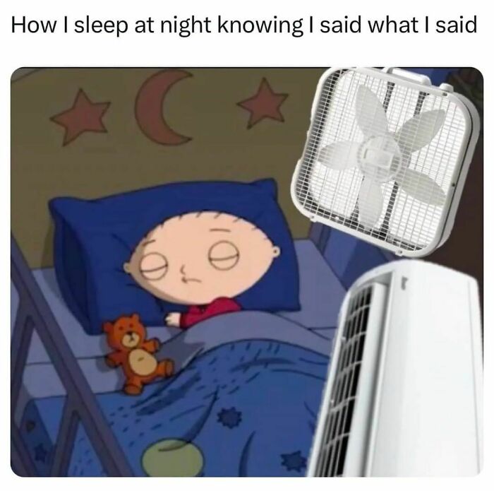 Stewie Griffin sleeping peacefully in bed with a teddy bear, fan, and air conditioner, relatable meme humor.