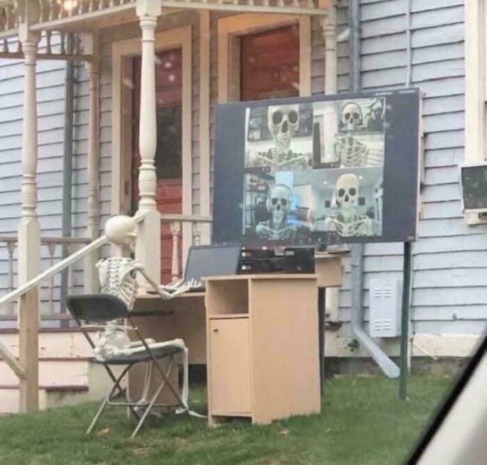 Skeleton at a desk outside, using a computer with a monitor showing skeleton video calls, creating a 'hmmm' moment.