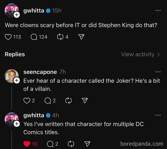 Twitter exchange where a user didn’t know they were speaking to a DC Comics writer about the Joker character.