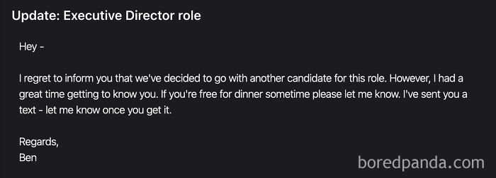 Email rejection for Executive Director role, suggesting dinner after a job interview, reflecting a recruiting hell scenario.