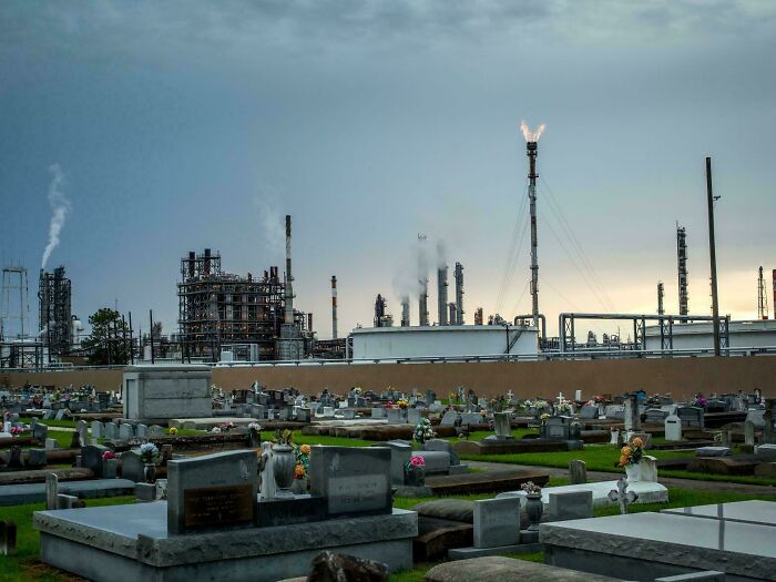 Factories Loom Over A Graveyard In Louisiana's "Cancer Alley", An 85 Mile Stretch Of Polluted Towns