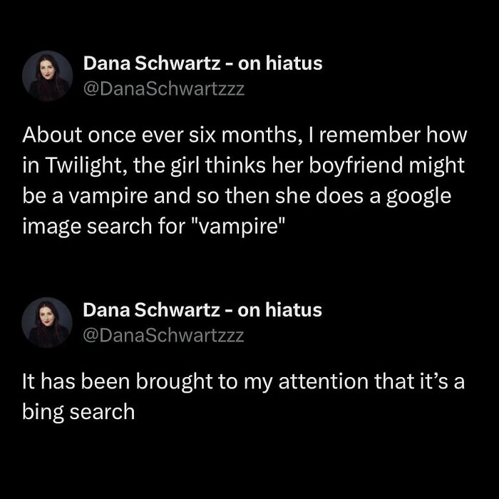 Text meme about Twilight and vampire searches, highlighting a misremembered detail; relatable humor for millennials.