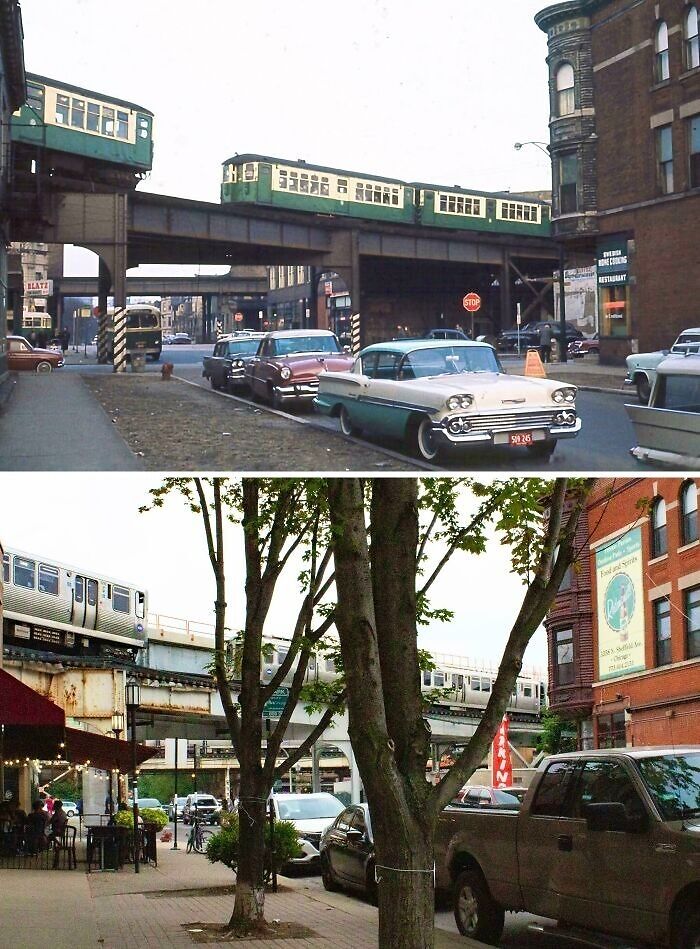 Adding Trees Has Really Beautified Chicago, But Sometimes They Block My Shot! Same Spot, Roscoe And Sheffield, 1963 vs. 2021