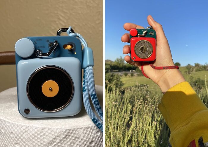Compact portable Bluetooth speakers in blue and red with retro design, showcasing unexpectedly brilliant Amazon finds.