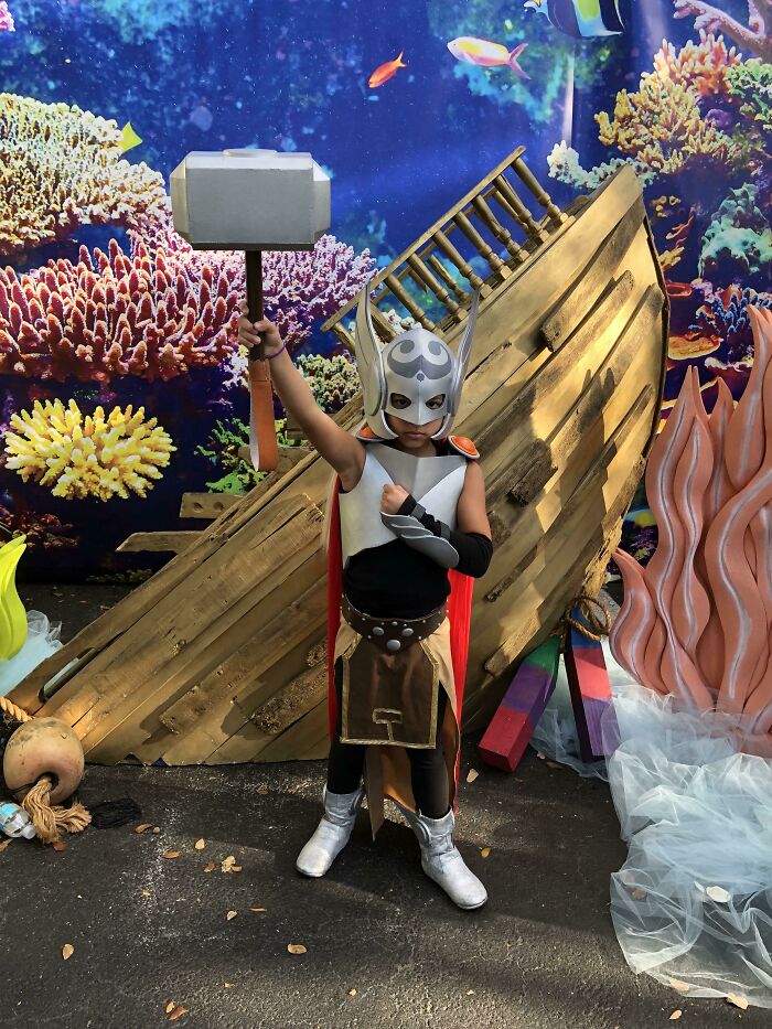 My Niece Wanted To Be Thor Girl This Halloween. So My Brother In Law Made The Entire Costume For Her Including The Boots And Hammer, Chest Plate, Helmet, Cape, And Skirt. She Was So Happy