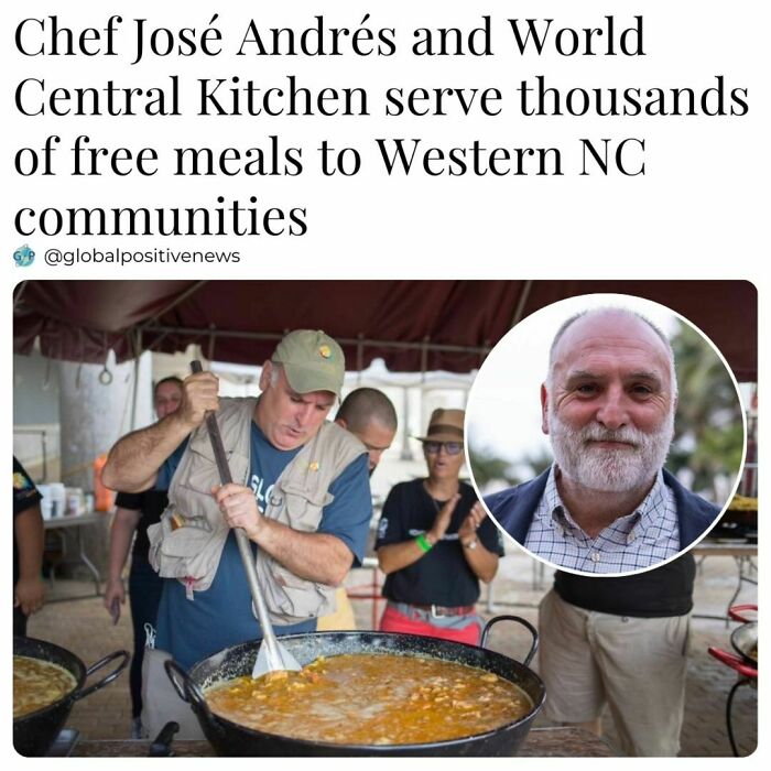 Chef prepares large meal; inset shows close-up of chef. Global positive news on feeding communities.