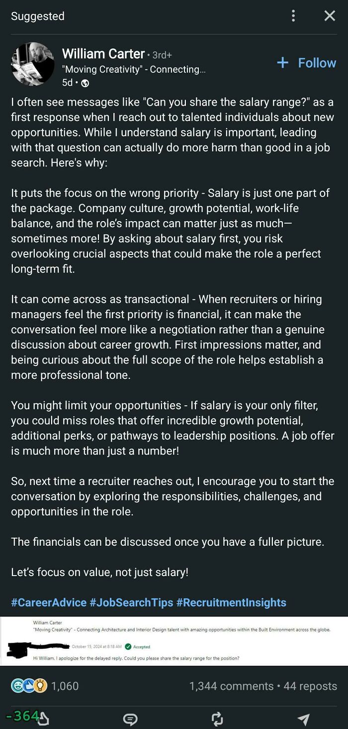 LinkedIn post about salary discussions in job recruiting, emphasizing career growth and value over initial salary inquiries.