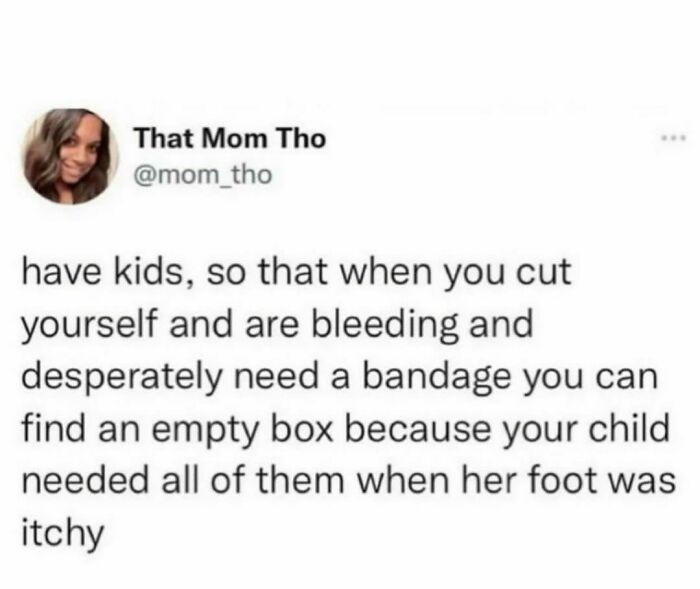 Screenshot of a hilarious tweet about parenting and empty bandage boxes shared on a popular humor Instagram page.