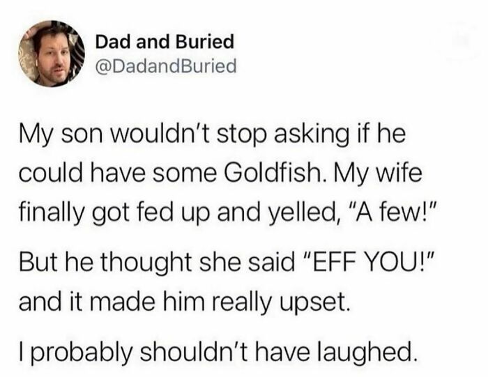 Screenshot of a hilarious tweet about a misunderstanding over Goldfish crackers, shared on a popular humor IG page.