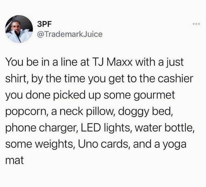 Screenshot of a hilarious tweet about impulse buying from the most hilarious tweets shared on this IG page.