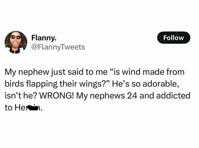 Screenshot of a hilarious tweet about a nephew’s funny question and unexpected a*******n, shared on a humor IG page.