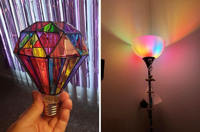 Colorful diamond-shaped light bulb held in hand and multicolor lamp casting vibrant rainbow light on wall, unique Amazon finds.