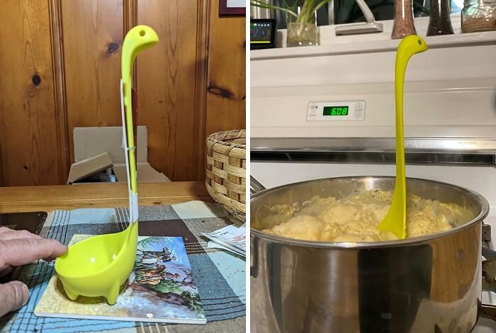 Bright yellow Nessie ladle standing on a table and stirring food in a pot, showcasing unique Amazon finds.