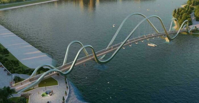 Modern bridge with wave-like infrastructure design spanning a river, showcasing brilliant and innovative infrastructure.