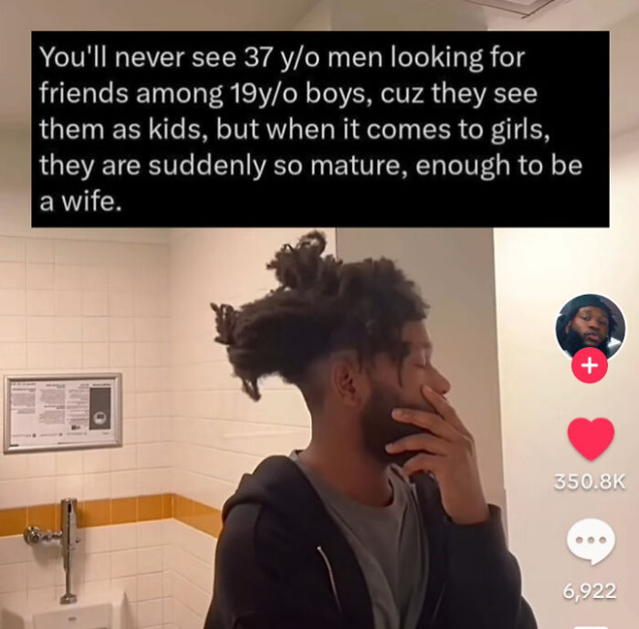 Man pondering in a public bathroom, text highlights a clueless misogynist's perspective on age and maturity.