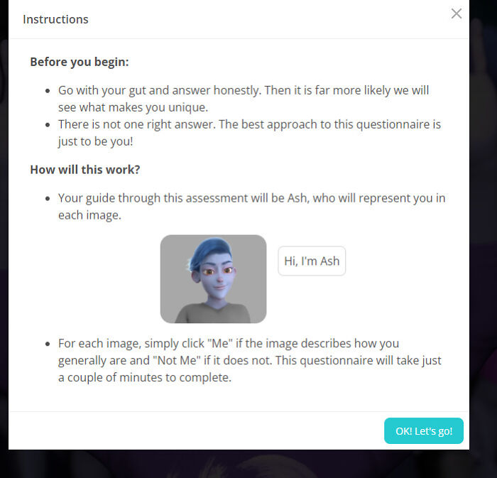 Recruiting hell instruction screen with animated guide Ash, explaining assessment process with options to choose "Me" or "Not Me."