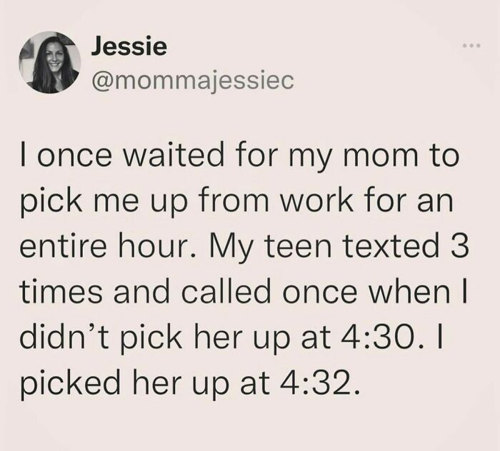 Tweet about waiting for mom to pick up from work, shared in a collection of hilarious tweets on a popular IG page.