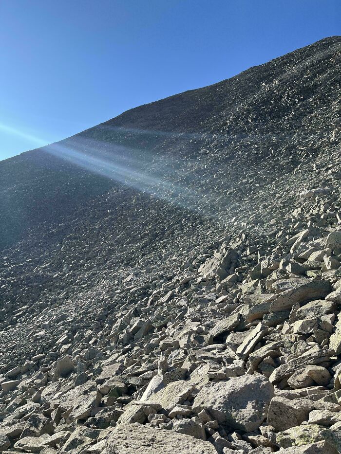 "Rocky landscape where objects seamlessly merge into the background under a clear blue sky."