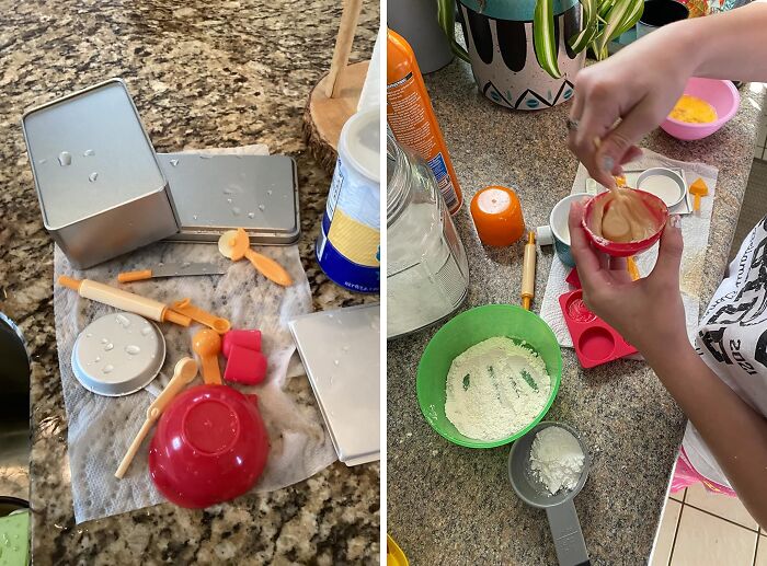 Kids engaging in indoor baking activity with measuring spoons, mixing bowls, and baking ingredients to stay entertained indoors.